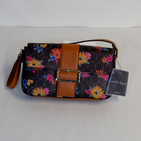 Nanette Lepore Fiona Logo Flap Chocolate Floral Baguette - Picture 1 of 9